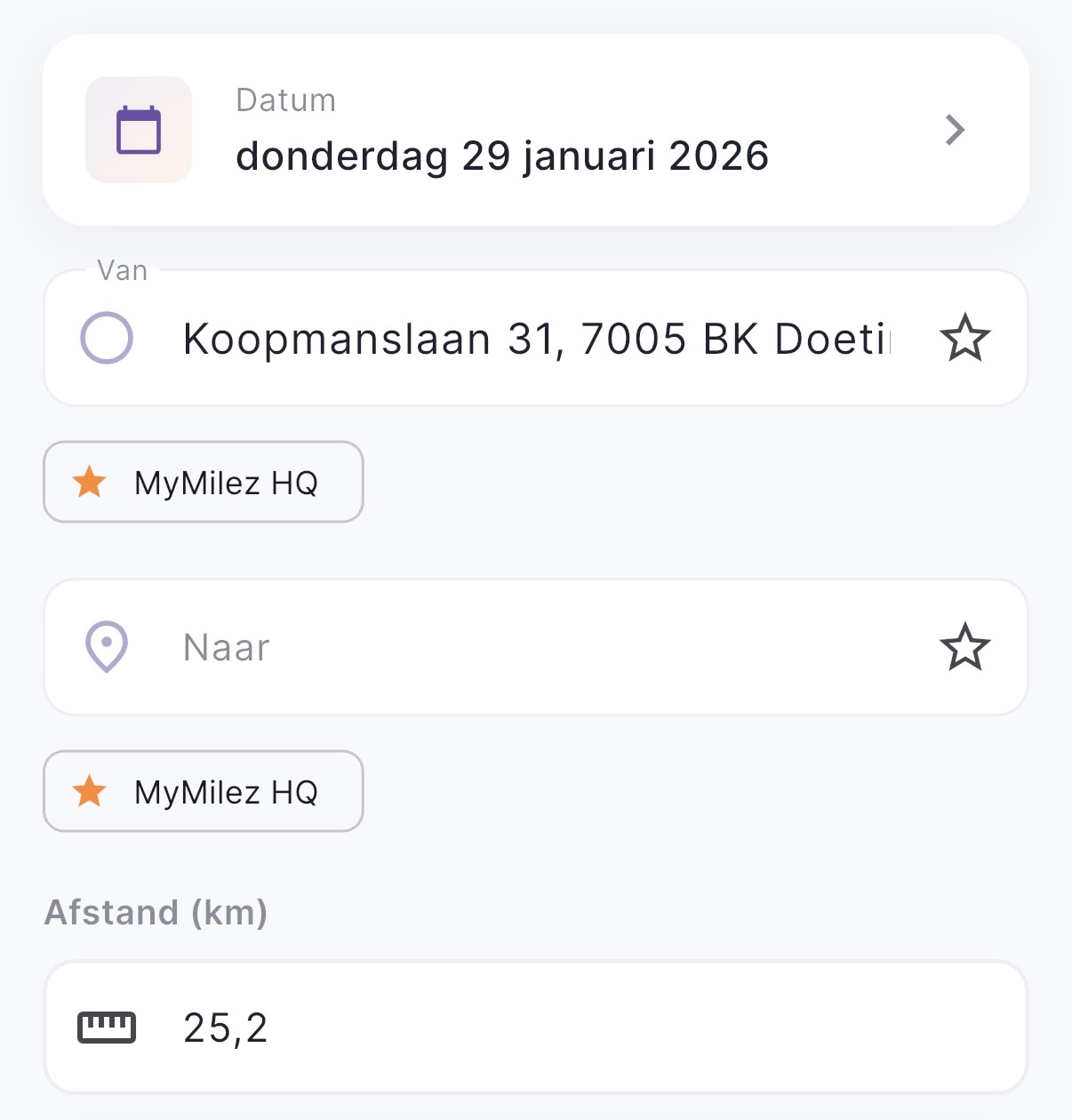 Screenshot ritinvoer MyMilez