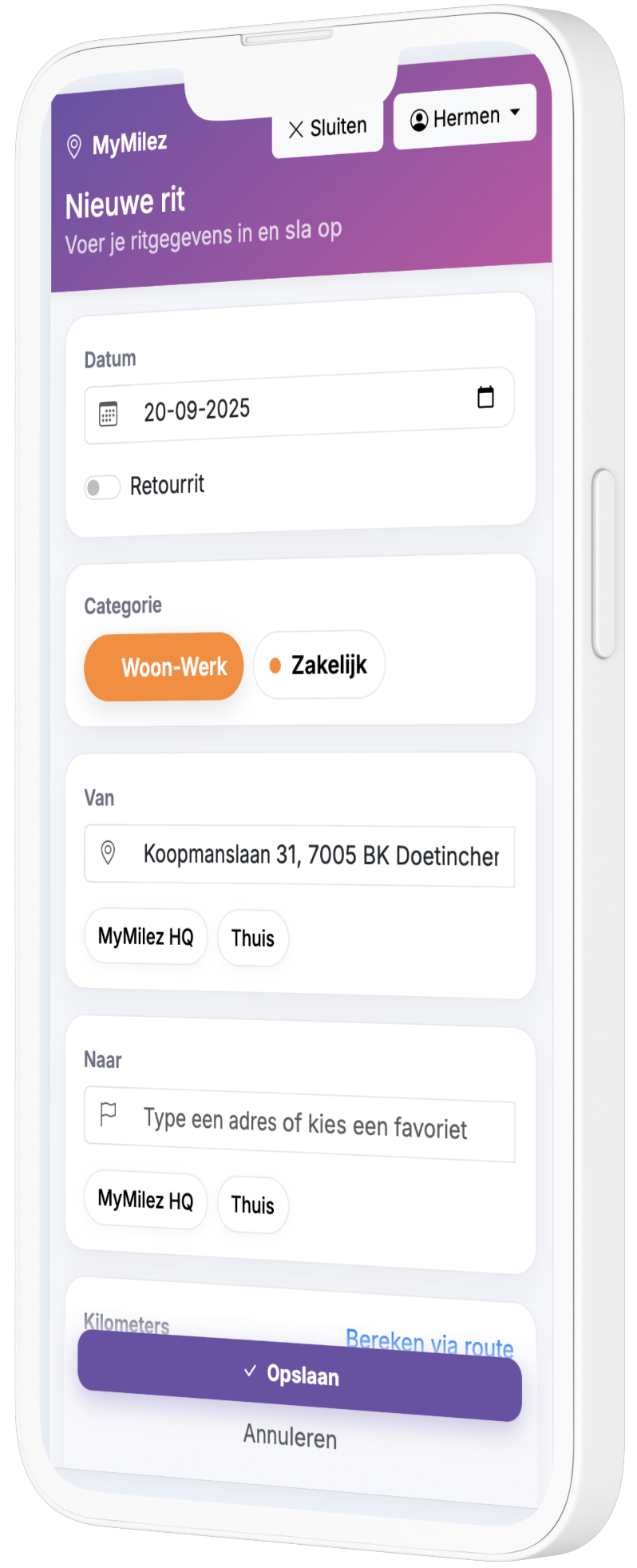 Screenshot: rit toevoegen met adres-autoaanvulling en favorieten