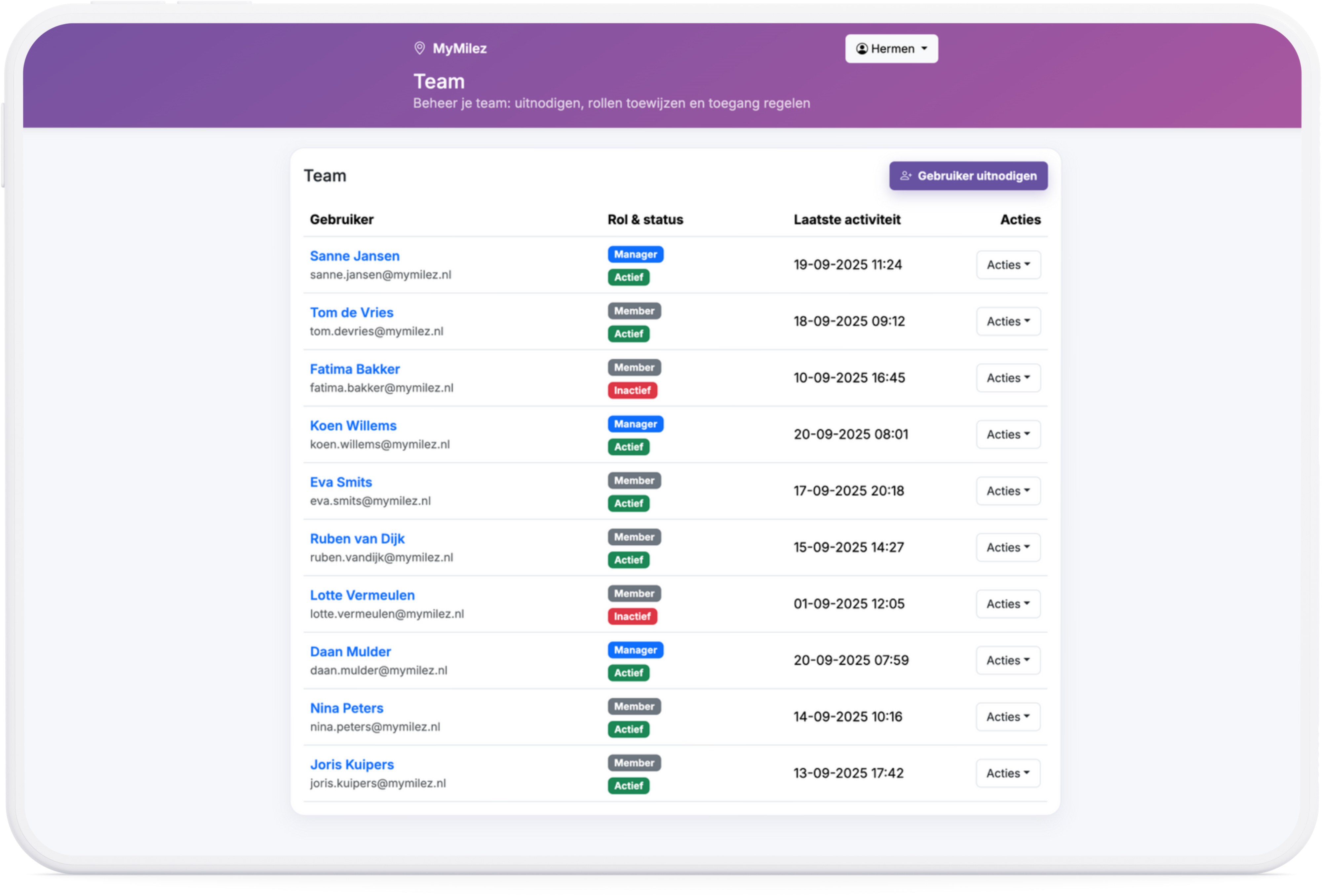 Screenshot: Team beheren