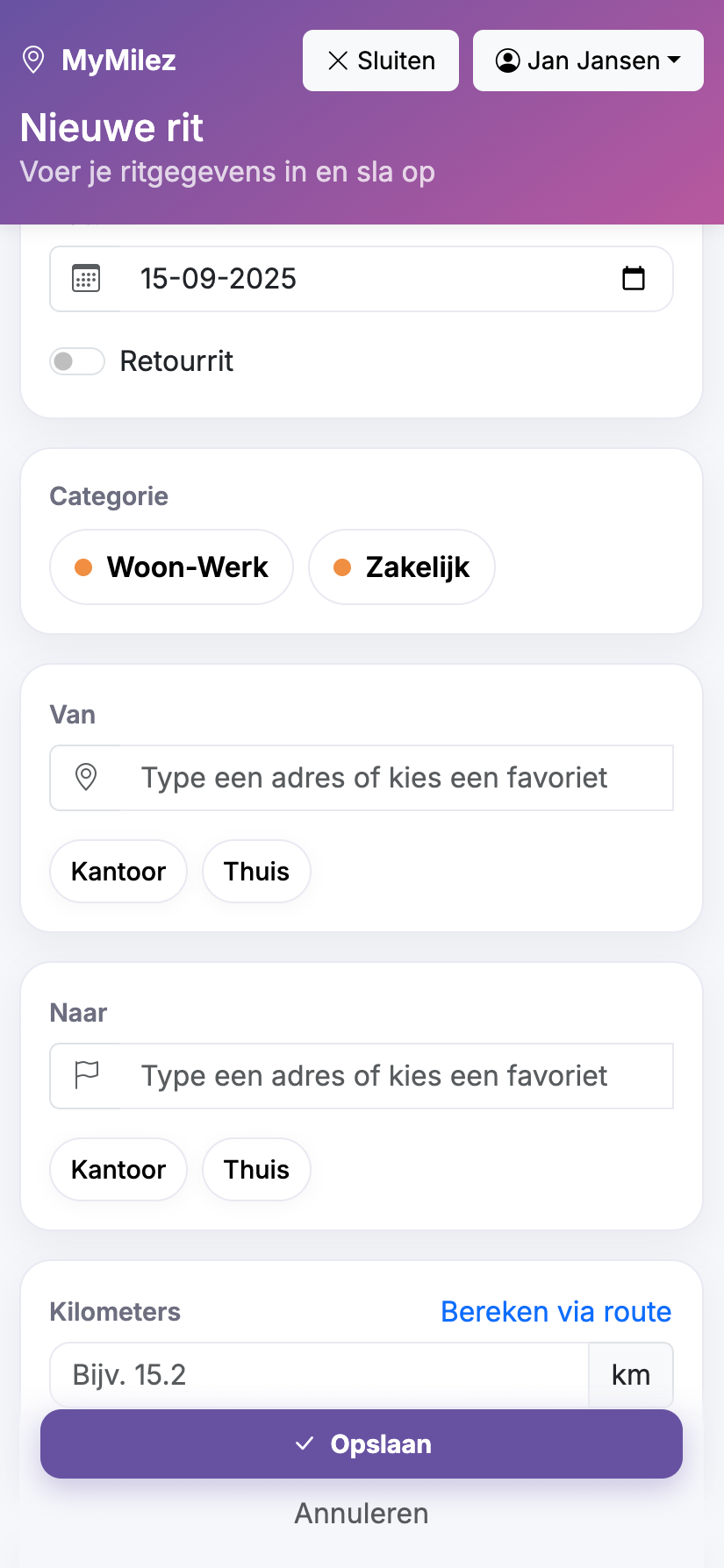 Screenshot ritinvoer MyMilez